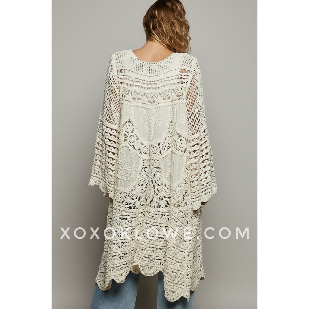 POL Cream Chenille Crochet Duster Cardigan | Long Open Knit Embroidered Boho - Picture 6 of 10